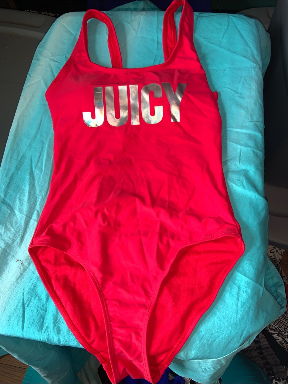 Juicy red one piece bathing suit tank style high cut scoop neck w hologram logo